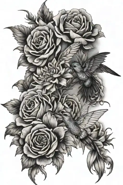 side piece the curves with my body.  chrysanthemum, roses and other flowers with a humming bird and butterflies  tattoo design idea