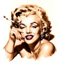 "ultra realistic" marilyn monroe  lies down and holds a cigarette in one hand and smiles tattoo design idea