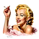 "ultra realistic" marilyn monroe  lies down and holds a cigarette in one hand and smiles tattoo design idea