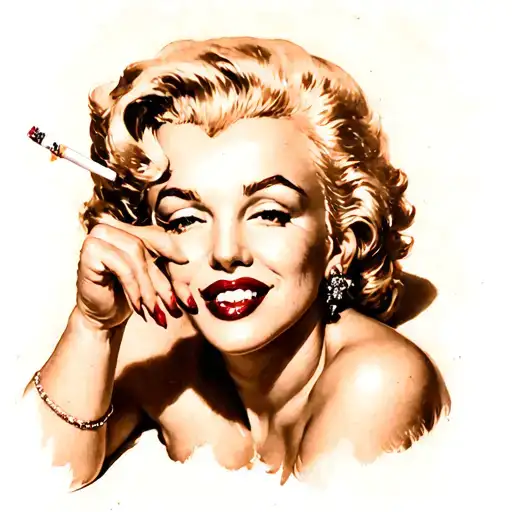 "ultra realistic" marilyn monroe  lies down and holds a cigarette in one hand and smiles tattoo design idea