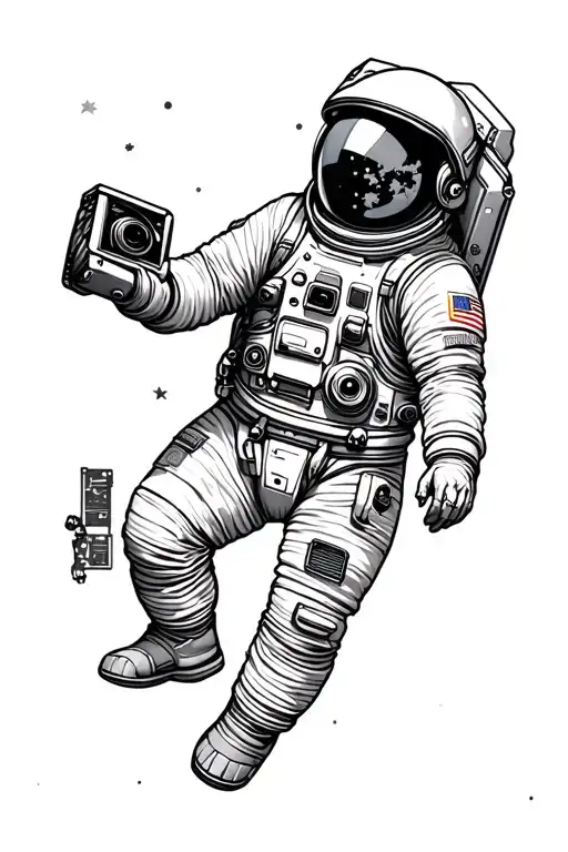 astronaut floating, with camera and film, and space scene realistic piece tattoo design idea