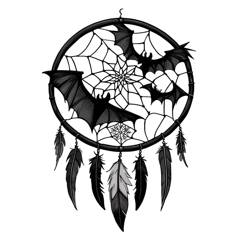 web dream catcher with one bat, snowflakes and feathers  tattoo design idea