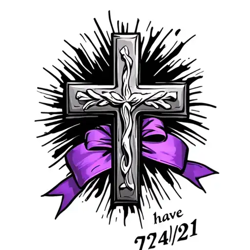 A cross with a purple ribbon tide on the bottom and have the day 07/24/21 on the side of the cross tattoo design idea