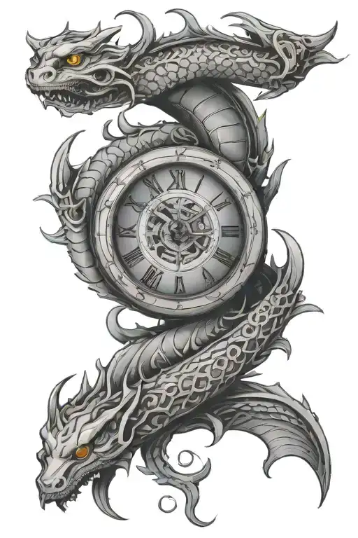 an old, expensive time piece wrapped in an ouroboros tattoo design idea