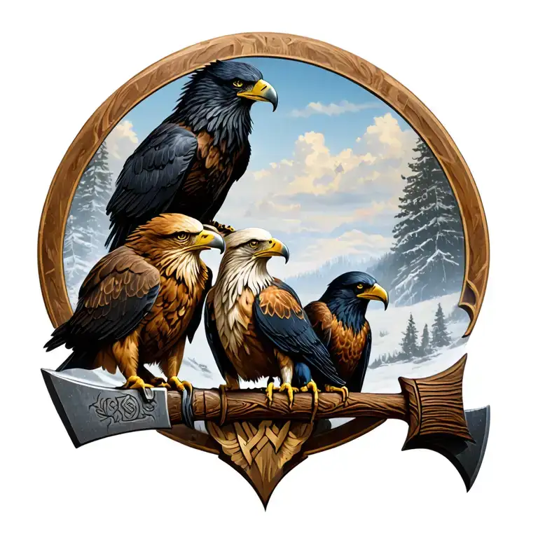 three birds sitting on horizontal viking axe. Birds are golden eagle, bald eagle, raven tattoo design idea