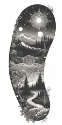 flowing waves, surrounded by a mystical forest scene,subtle elements of sacred geometry and glowing stars and light tattoo design idea