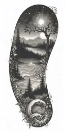 flowing waves, surrounded by a mystical forest scene,subtle elements of sacred geometry and glowing stars and light tattoo design idea