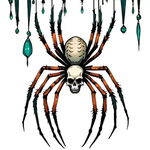 spiders hanging from skull tattoo design idea