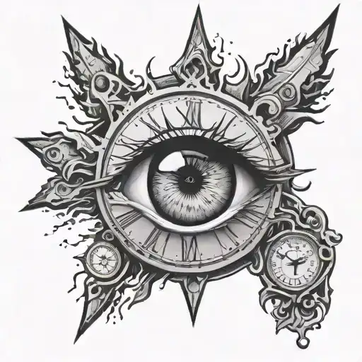 crying eye in a big exploding clock with a polar star etegrer above tattoo design idea