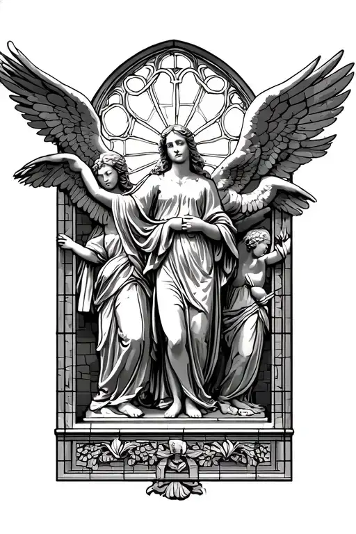 angels from above and statues below in a cathedral window  tattoo design idea