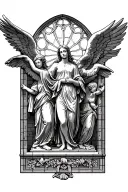 angels from above and statues below in a cathedral window  tattoo design idea