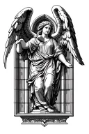 angels from above and statues below in a cathedral window  tattoo design idea