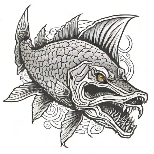Northern pike deathskull tattoo design idea