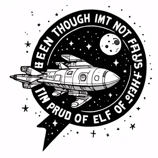 Spaceship with stars and moon around it and the phrase "even though im not perfect, im proud of myself" tattoo design idea