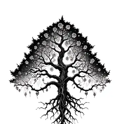 A beautiful fairy like tree with long roots that have rose thorns and it goes down the length of the arm tattoo design idea