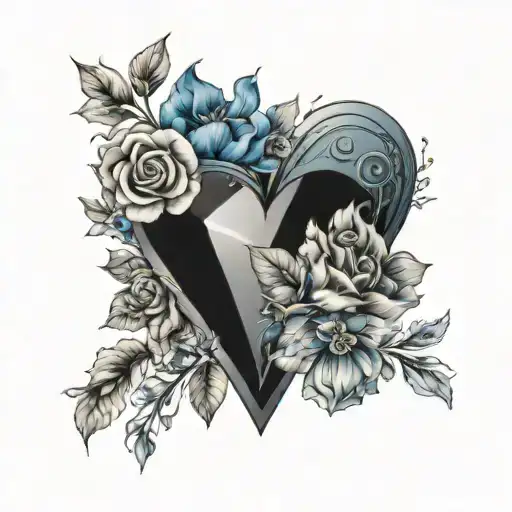 blue heart diamond with different types of flowers surrounding it. tattoo design idea
