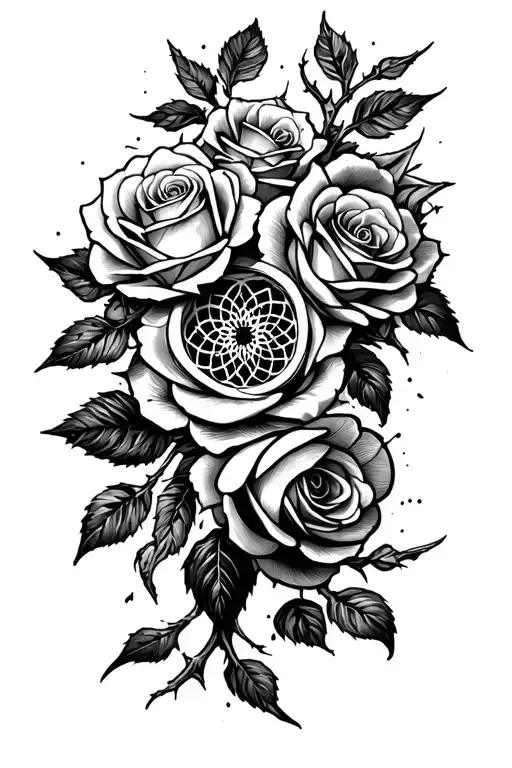 coverup tattoo design featuring roses with large thick dream catcher with thorns wrapping around it  tattoo design idea