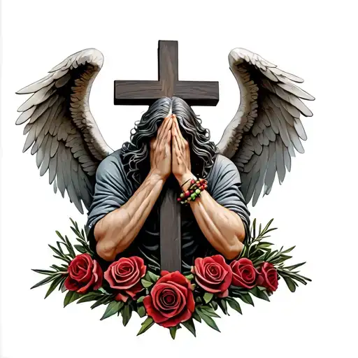 fallen angel praying and crying in front of cross with dead roses wrapped around and rosemary beads on his hands  tattoo design idea