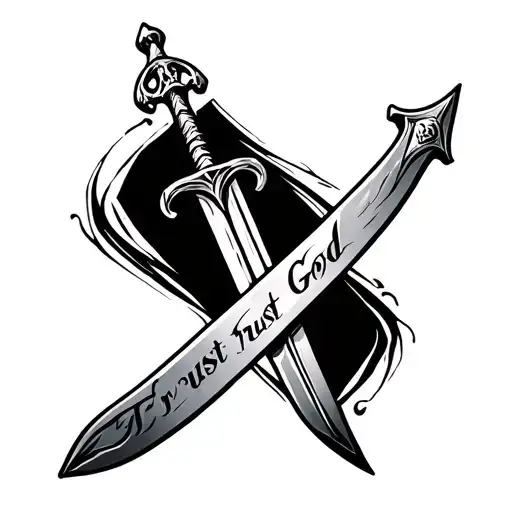 sword written on a sword words trust god tattoo design idea