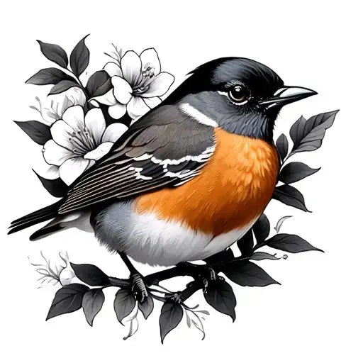 robin and flowers blooming tattoo design idea