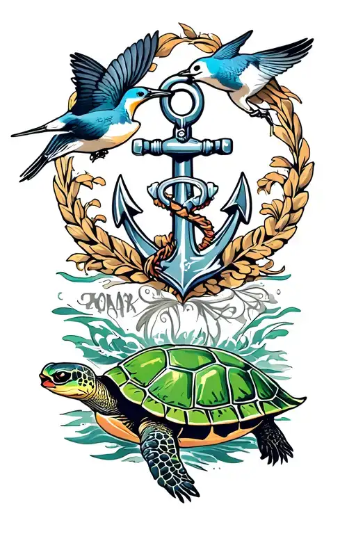 sailor jerry style tattoo with 2 swallows, an anchor and a emerald green shellback turtle tattoo design idea