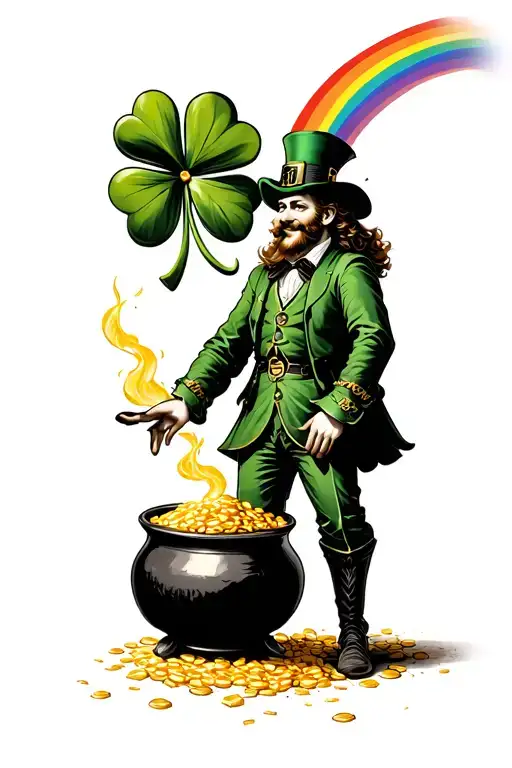 leprechaun with pot of gold and rainbow and a big four leaf clover intertwined, main focus on clover. No colour. tattoo design idea