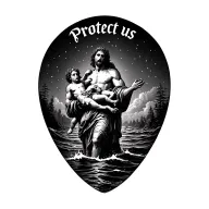 "Protect us" saint Christopher carrying the Christ child across rough water tattoo design idea