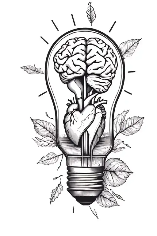 half brain half heart inside lightbulb fine line shading tattoo design idea