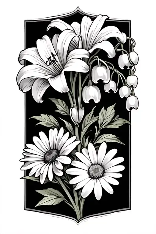 rosary, lily of the valley, daisy and a cosmo flower tattoo design idea
