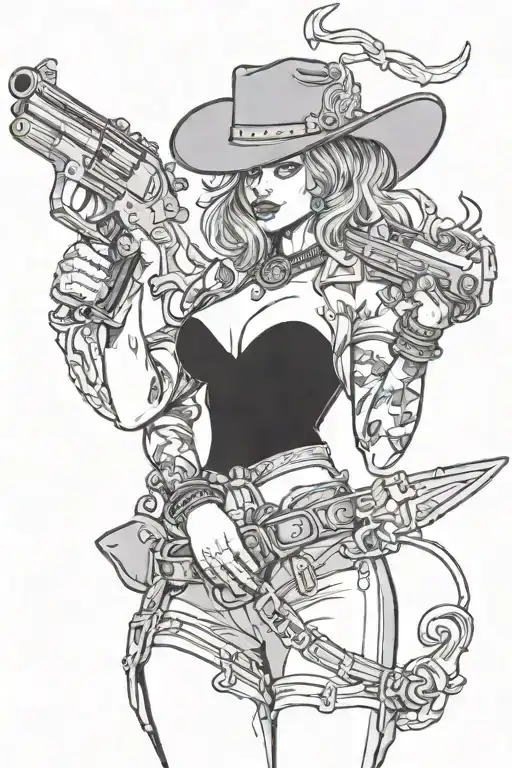 Western Busty Cowgirl devil Holding A gun tattoo design idea