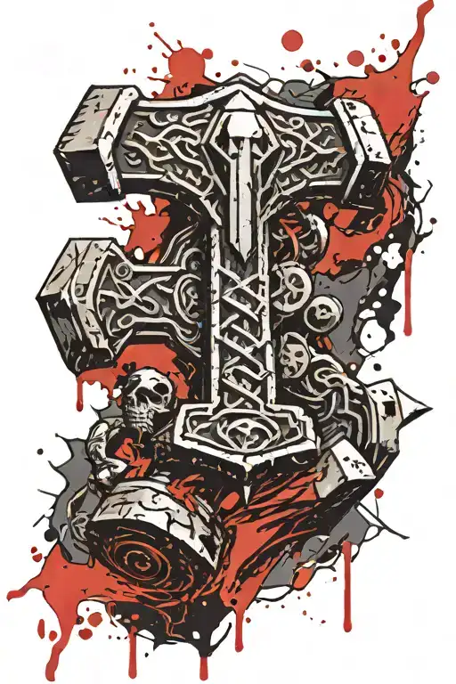 thors hammer ingraved with Runes tattoo design idea