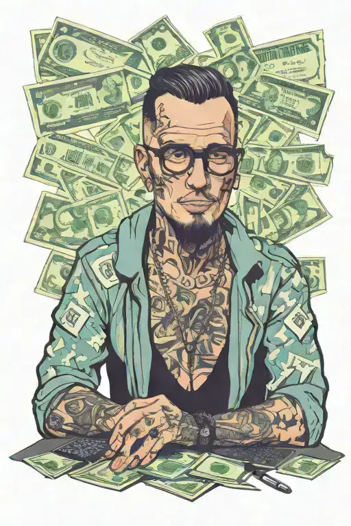 A realistic portrait of a scammer hacker, surrounded by computer screens and money who has a good fashion outfit and   tattoo design idea