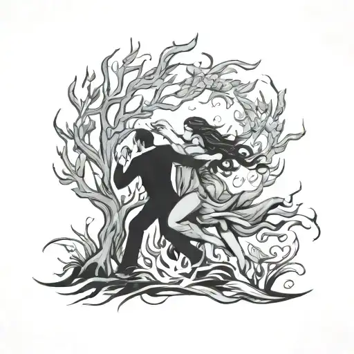 burning bush and three people dancing coming out of the fire  tattoo design idea