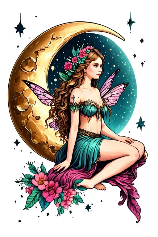 Fairy sitting on moon tattoo design idea