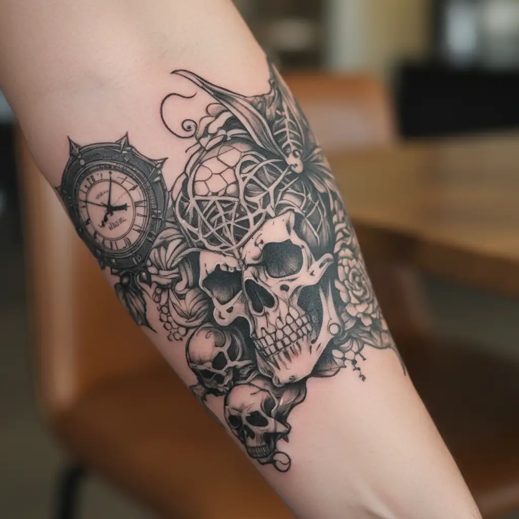 Spider-web, celestial, undead mermaid, peony, poker, skull, money, time  tattoo design idea