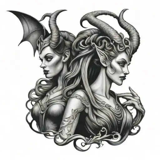 Medusa and maleficent figure standing tattoo design idea