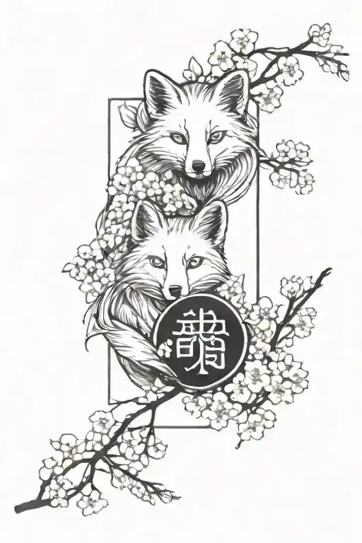 ractangle omamori talisman fox inside cherry blossom around tattoo design idea