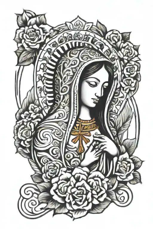 virgin de Guadalupe no face music note  instead of sacred heart tattoo design idea