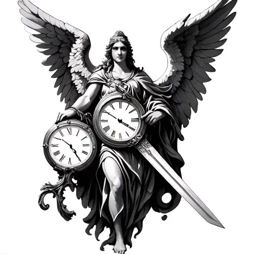 protector angel holding a sword and time clocks side by side tattoo design idea