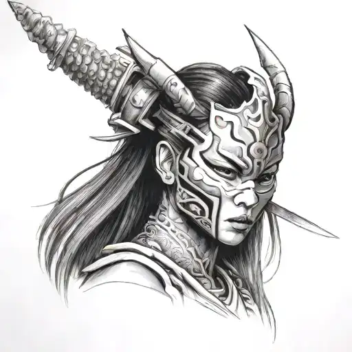 ronin girl with sword and oni mask on the side of her face tattoo design idea