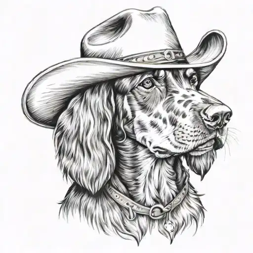 Black and Tan coonhound puppy wearing a cowboy hat tattoo design idea