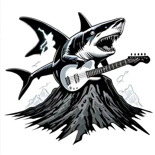 great white shark playing guitar on volcano with lightning tattoo design idea
