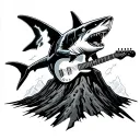 great white shark playing guitar on volcano with lightning tattoo design idea