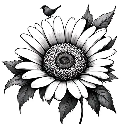 Black and  grey fine line tattoo design focused on daisy with a small amount of foliage and a small cardinal tattoo design idea