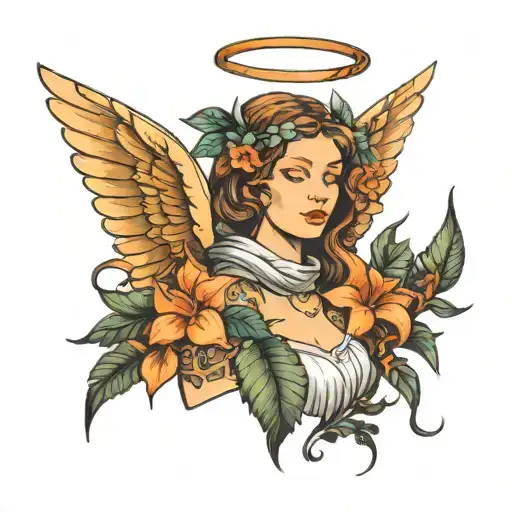 female angel with philodendron leaves tattoo design idea