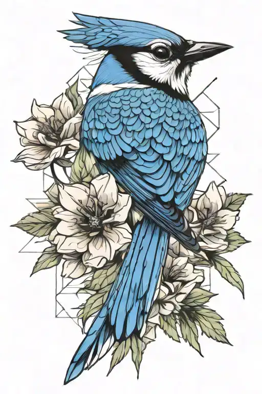 Blue jay bird flying, larkspur flower tattoo design idea