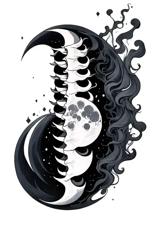 moon phases spine tattoo with smoke tattoo design idea