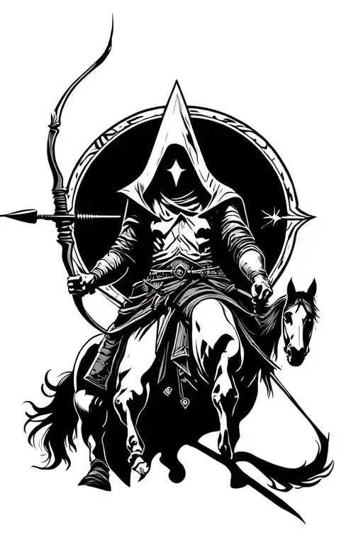 assassin's Creed logo + sagittarius archer riding tattoo design idea