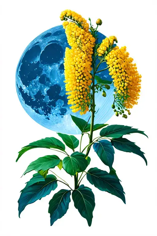 detailed blue lit full moon in background with detailed mimosa plant in the foreground tattoo design idea