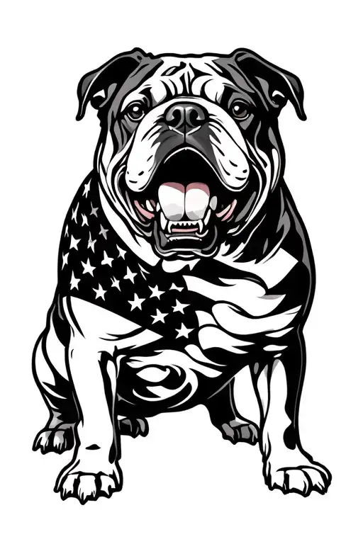 American flag in the back a English bulldog with 2 bottem teeth sticking out tattoo design idea